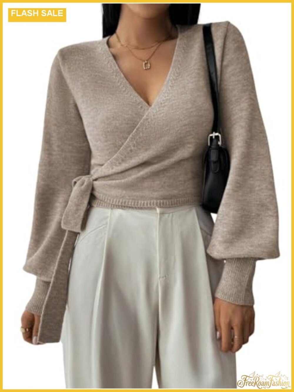 Cropped V-Neck Wrap Sweater Bishop Sleeve Knit Pullover